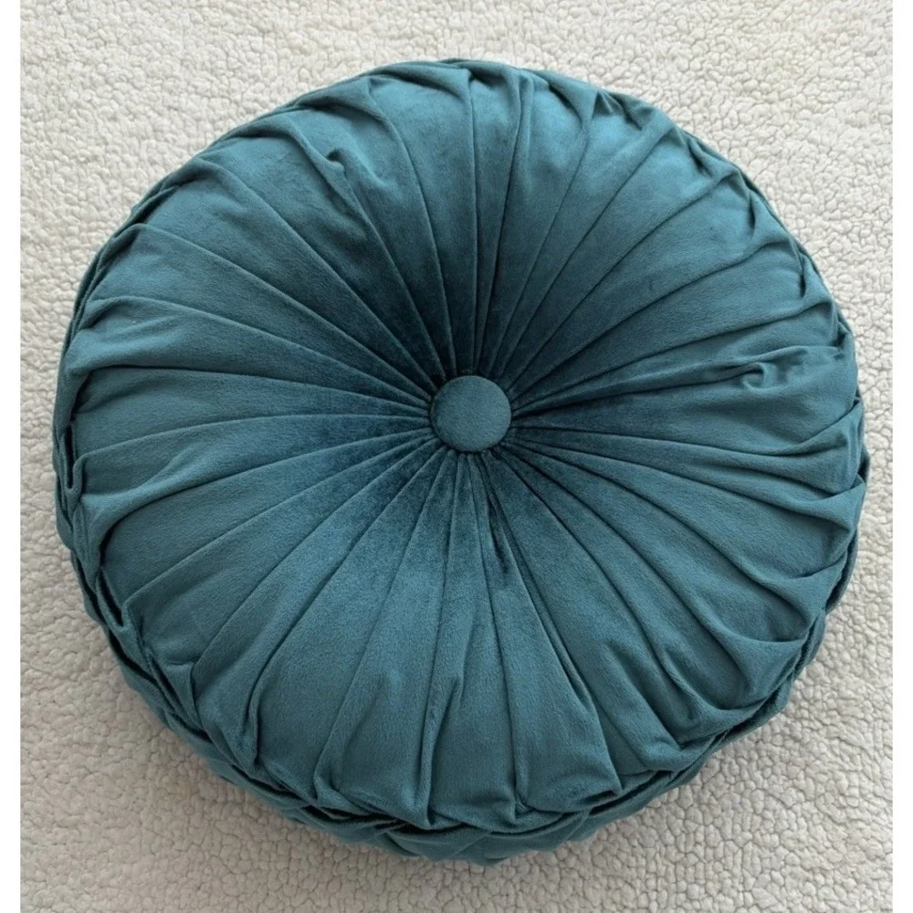 Round Velvet Throw Pillow Pumpkin Teal Blue Green Tufted Pleated Cushion Decor